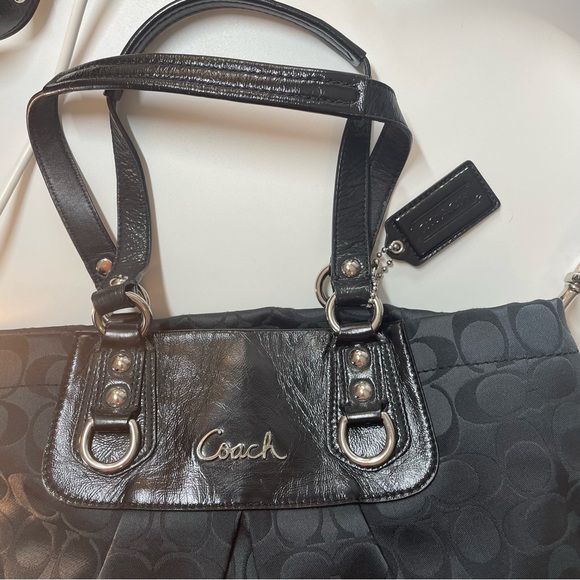 Coach Signature Black Purse Bag Satchel with Patent Leather Accents - Picture 4 of 12